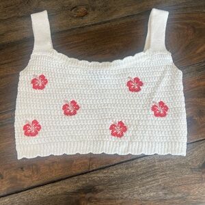 White Crochet Crop Top with Red Floral Accents~White Fable~ Size XS